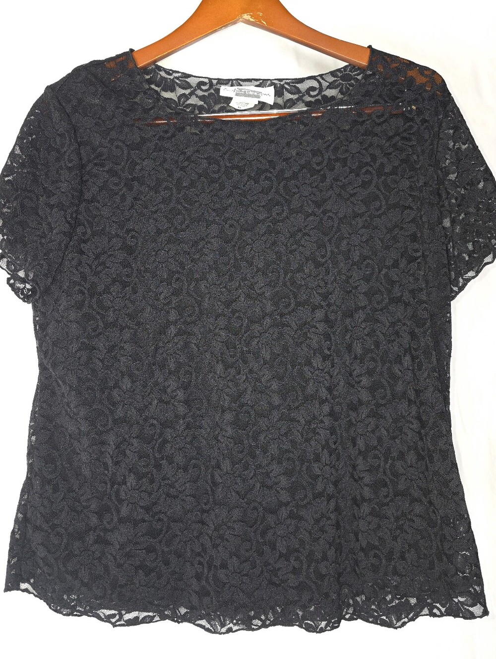 E.K. Designs Lace Top Black Floral Short Sleeve Lined Semi Sheer Romantic XL